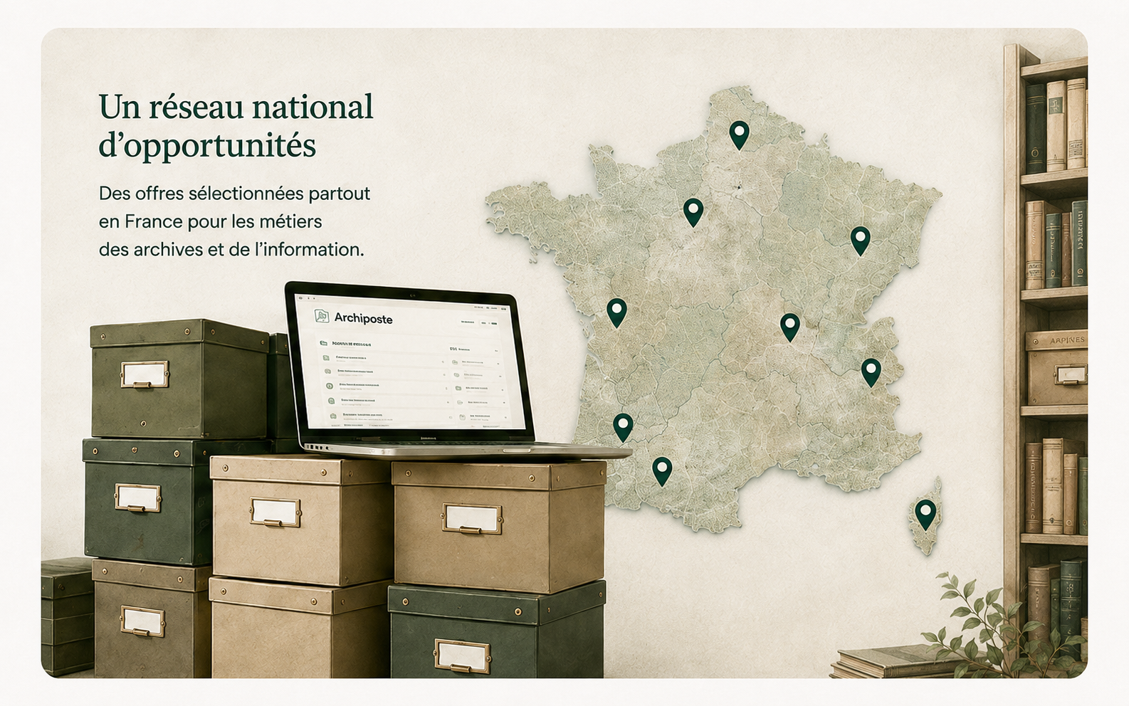 Illustration d’un réseau national d’opportunités avec une carte de France, des boîtes d’archives et un ordinateur portable